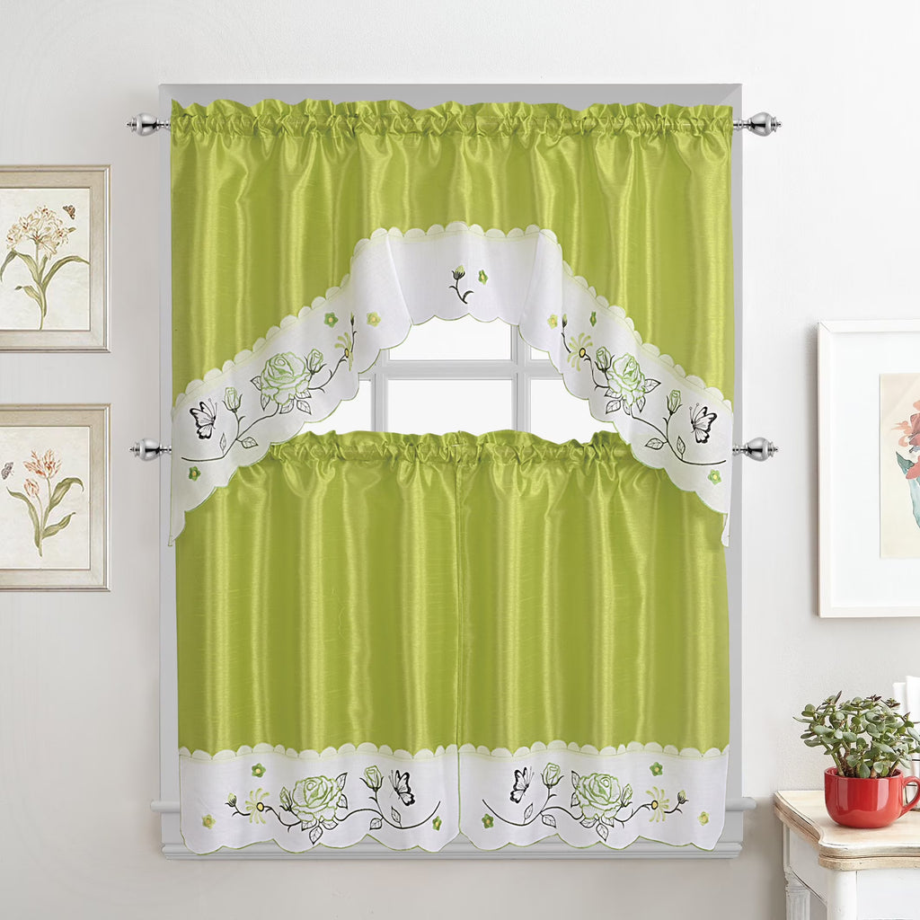 Green Embroidered 3-Piece Kitchen Curtain Tiers & Swag Set, 58x36 & 28x36 inches E11613