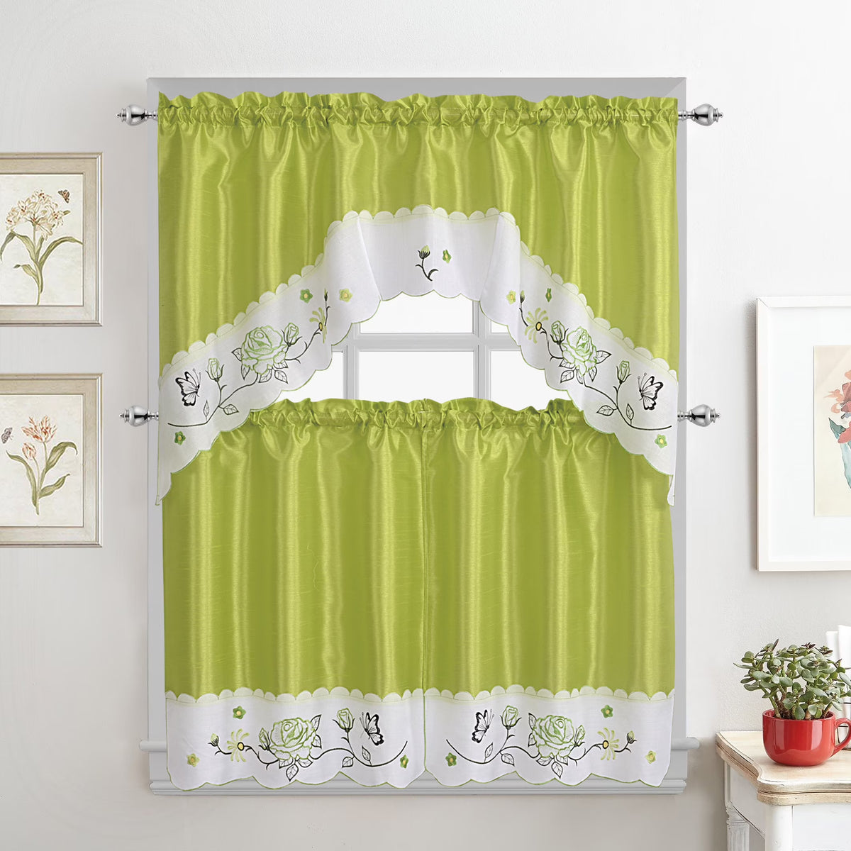 Green Embroidered 3-Piece Kitchen Curtain Tiers & Swag Set, 58x36 & 28x36 inches E11613
