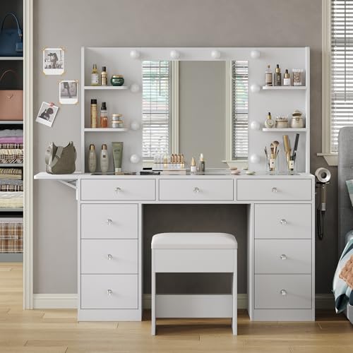 White Vanity Desk with Mirror and 10 LED Lights, 4 Shelves O350
