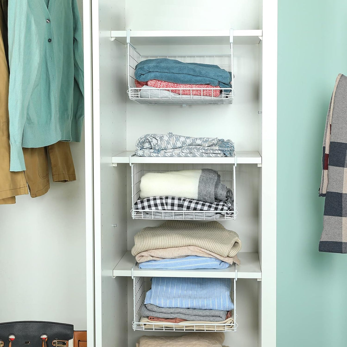 3-Tier Under Closet Shelf Basket Hanging Clothes Storage Organizer Metal Wire Rack with 2 hooks G140099