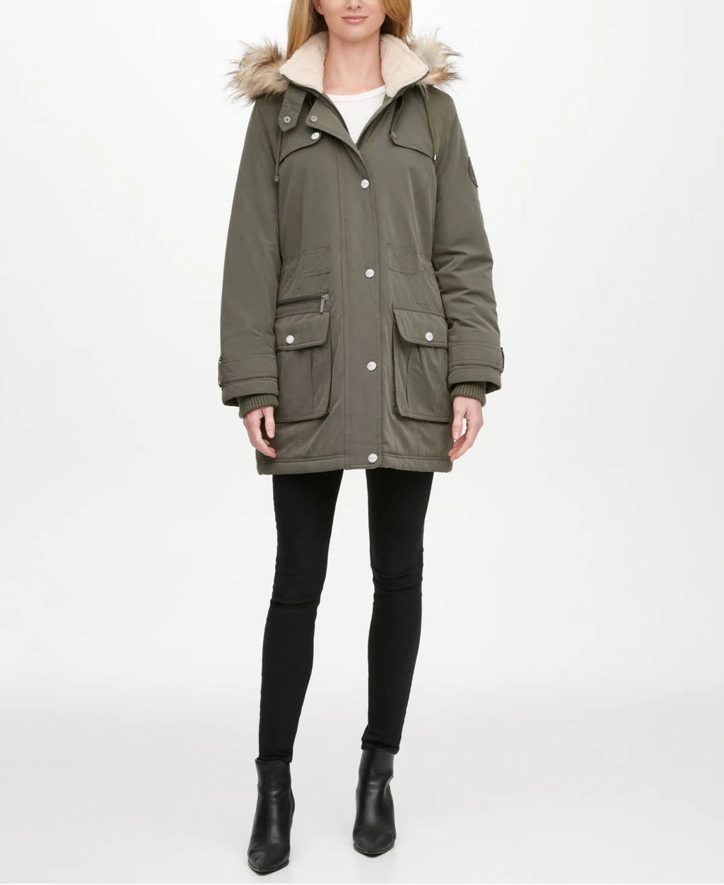 Olive Faux-Fur Trim Hooded Water-Resistant Anorak Coat O23774