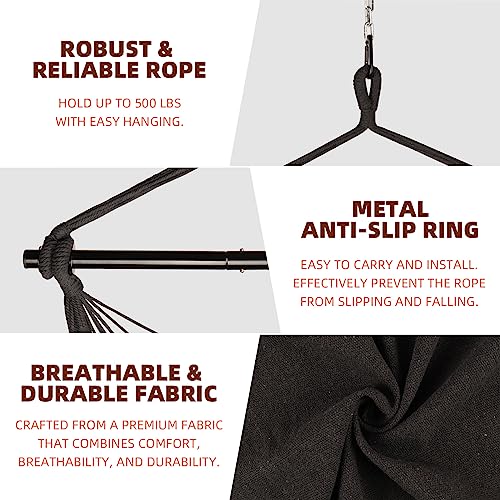Grey Hanging Rope Swing Hammock Chair with Tassels, 2 Cushions, Heavy-Duty Steel Spreader Bar S960
