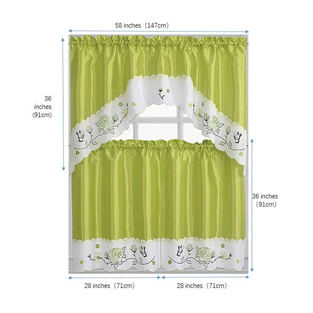 Green Embroidered 3-Piece Kitchen Curtain Tiers & Swag Set, 58x36 & 28x36 inches E11613