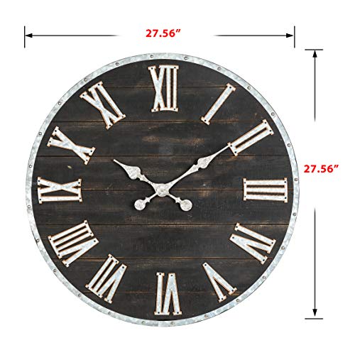 28 Inches Distressed Black Wooden Wall Clock Silent Non-Ticking Roman Numerals O7583