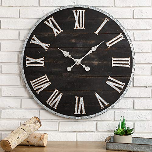 28 Inches Distressed Black Wooden Wall Clock Silent Non-Ticking Roman Numerals O7583