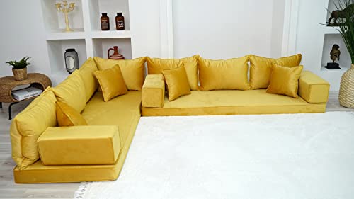 L Shaped Velvet Yellow Floor Couch with Ottoman and Pillows L4985