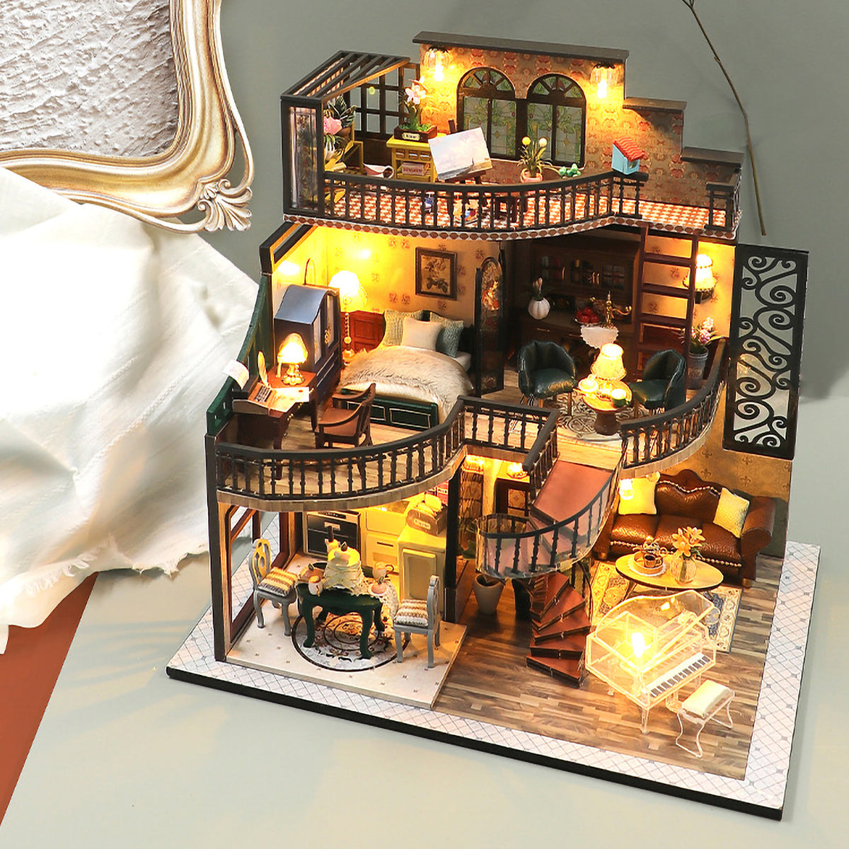 Dream Building Pavilion Dollhouse Miniature DIY House Kit with Furniture F3001