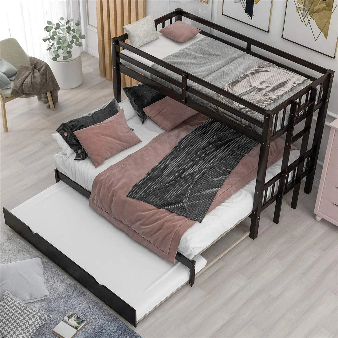 Twin Over Twin/King Wooden Bunk Bed with Trundle and Ladder S6107