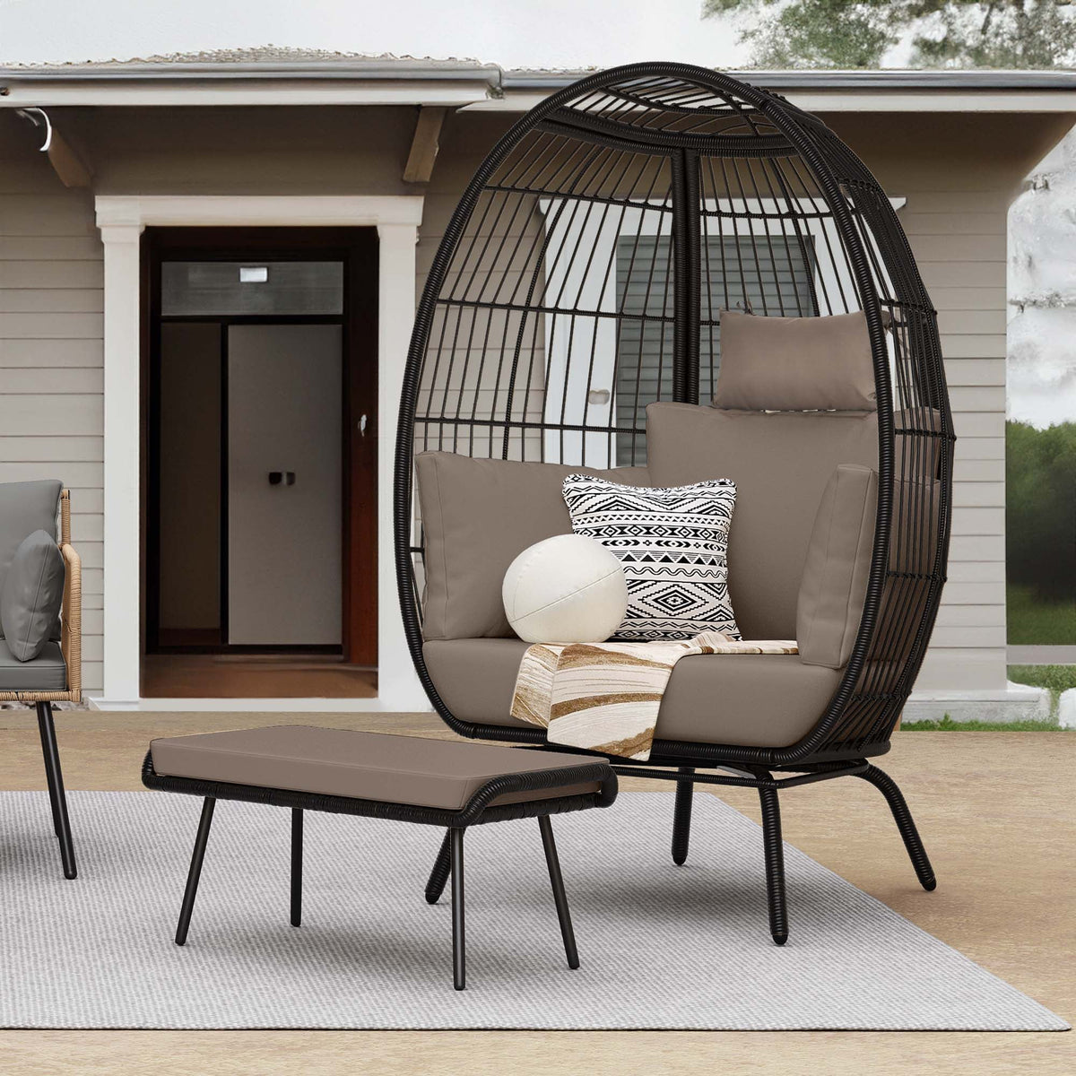 Wicker Egg Chair with Ottoman, Stand, Cushions L5647
