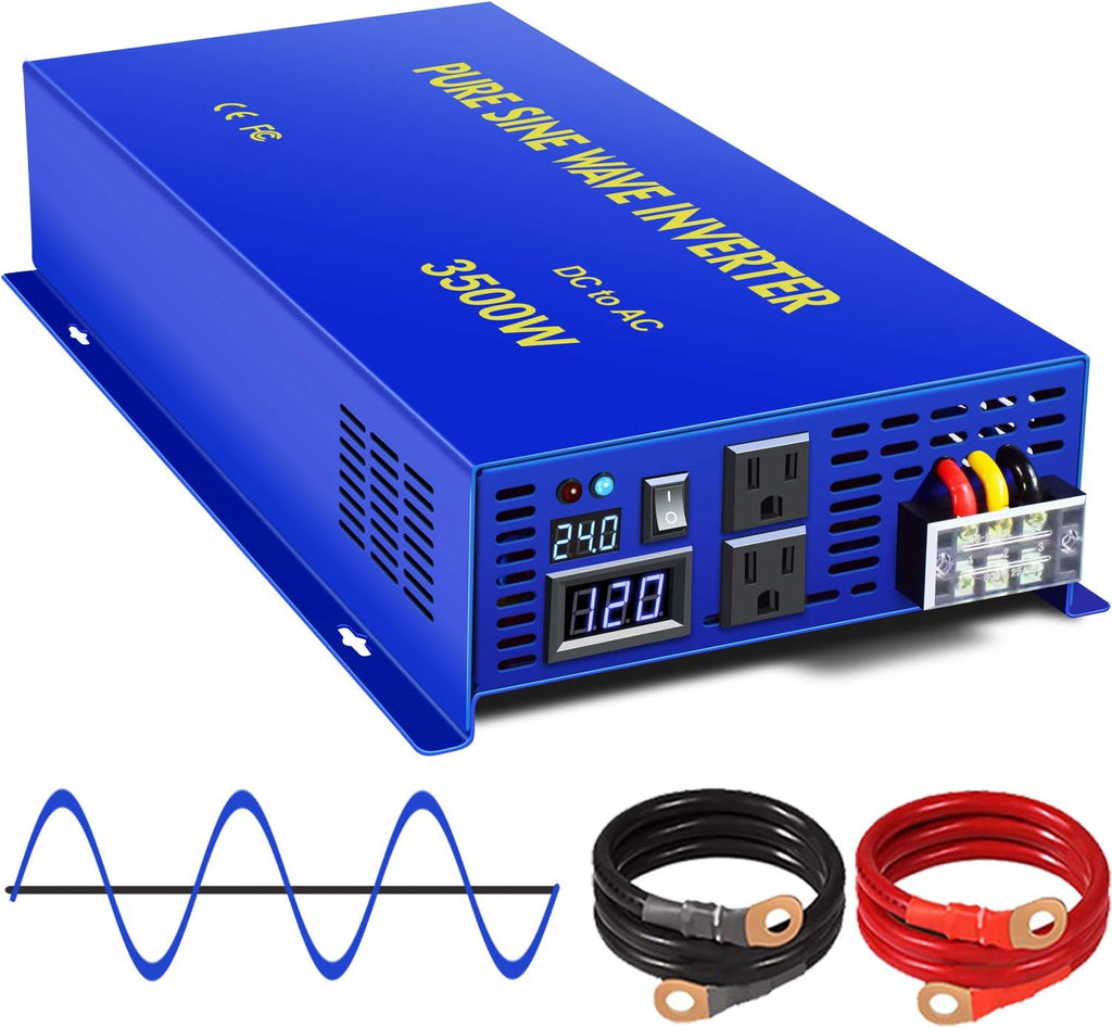 Pure Sine Wave Power Inverter 3500W / 7000W Peak DC 24V to AC 110V 120V with LCD Display A7876