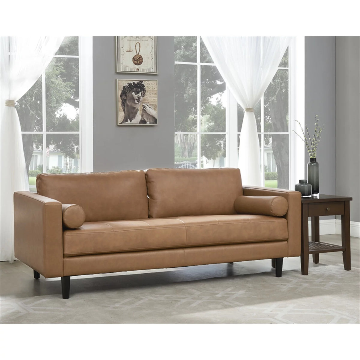 Tan Top Grain Genuine Leather Mid-Century Sofa Set of 3 U736400