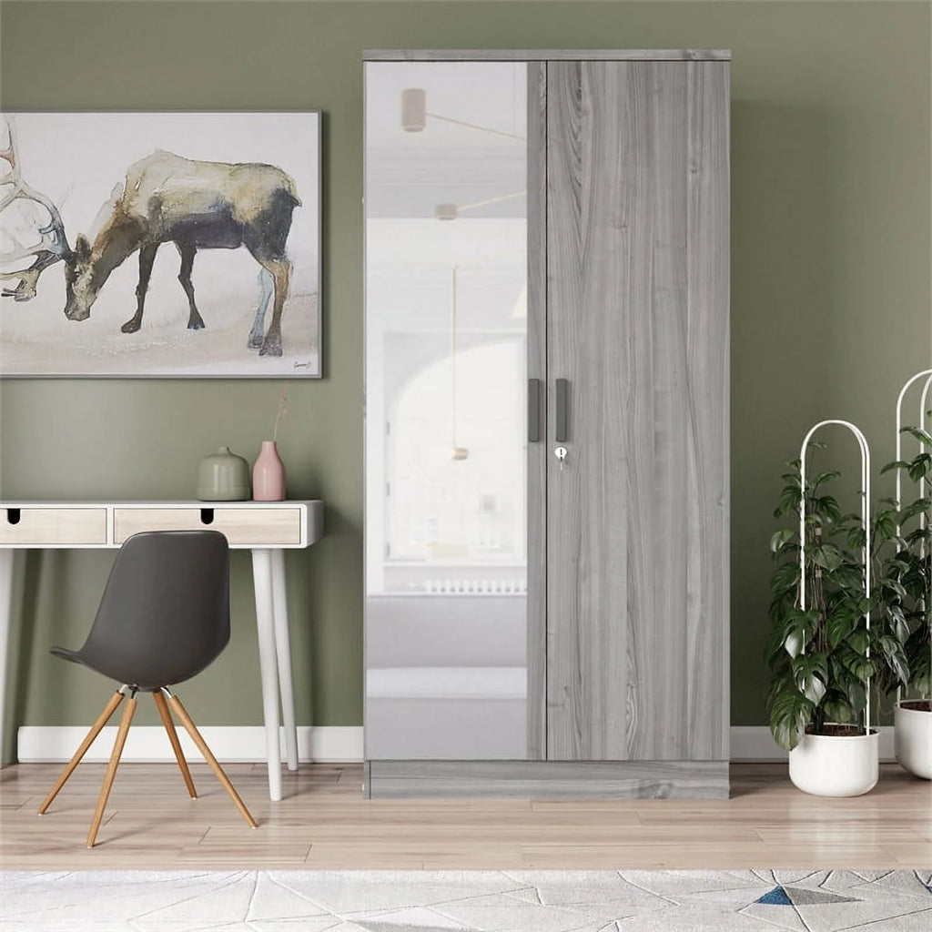 Gray Two Door Armoire Wardrobe with Mirror B9863