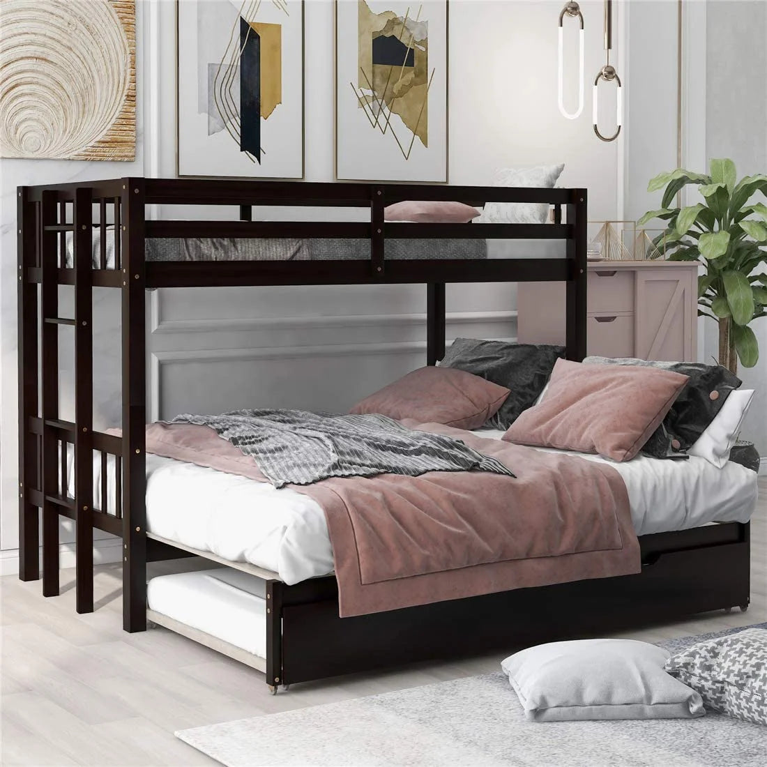 Twin Over Twin/King Wooden Bunk Bed with Trundle and Ladder S6107