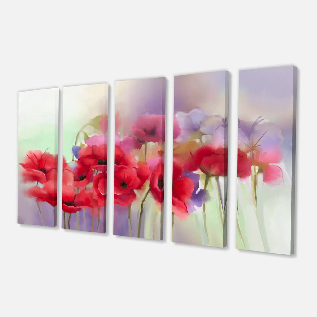 Watercolor Red Poppy Flowers 5 Piece Canvas Painting Set E83749