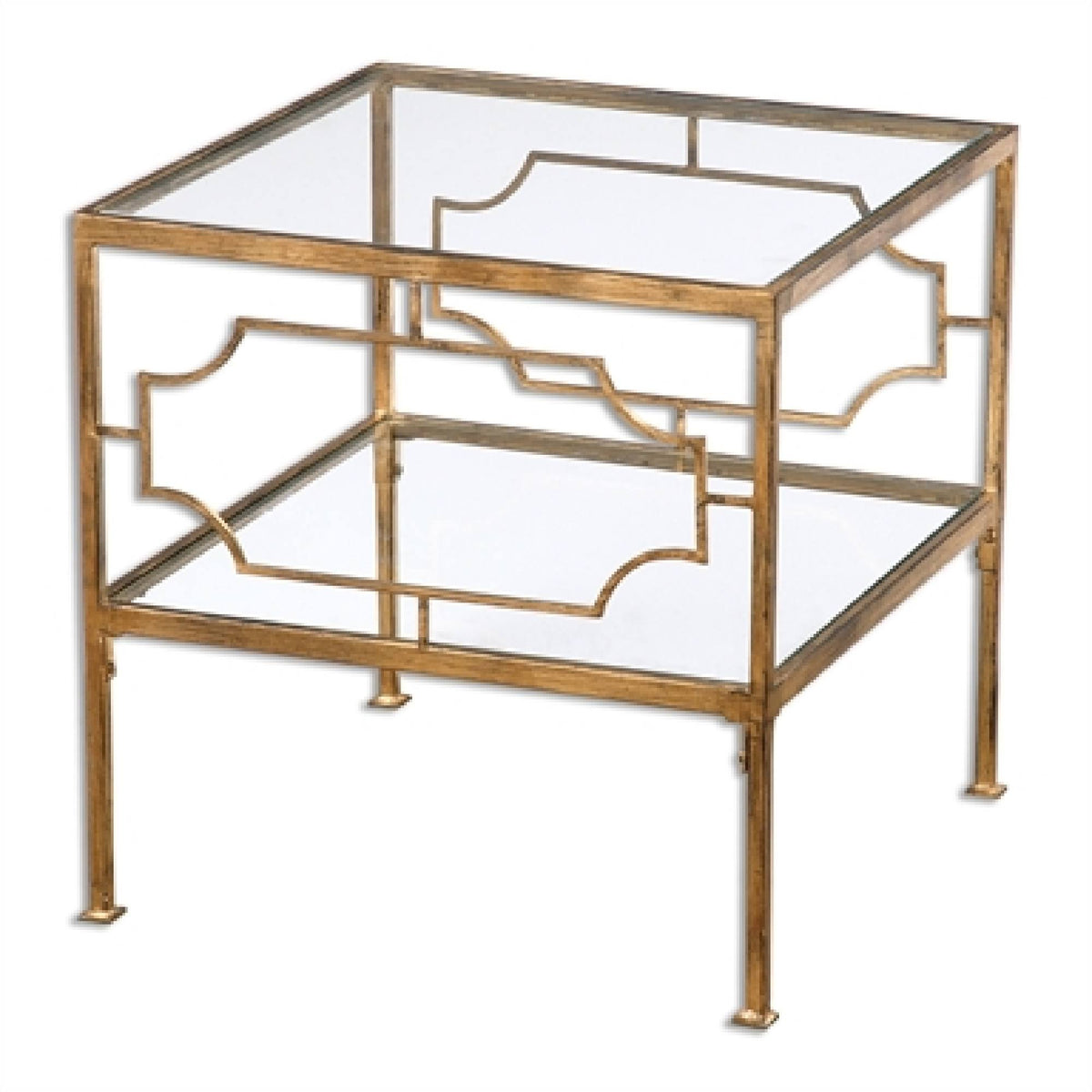 Gold Leafed Metal and Clear Tempered Glass Cubed Accent End Table T48823