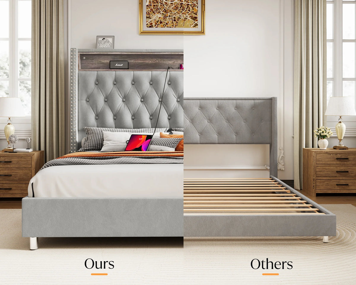 Queen Size Upholstered Bed Frame with Headboard Storage A10585