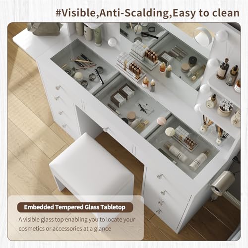 White Vanity Desk with Mirror and 10 LED Lights, 4 Shelves O350