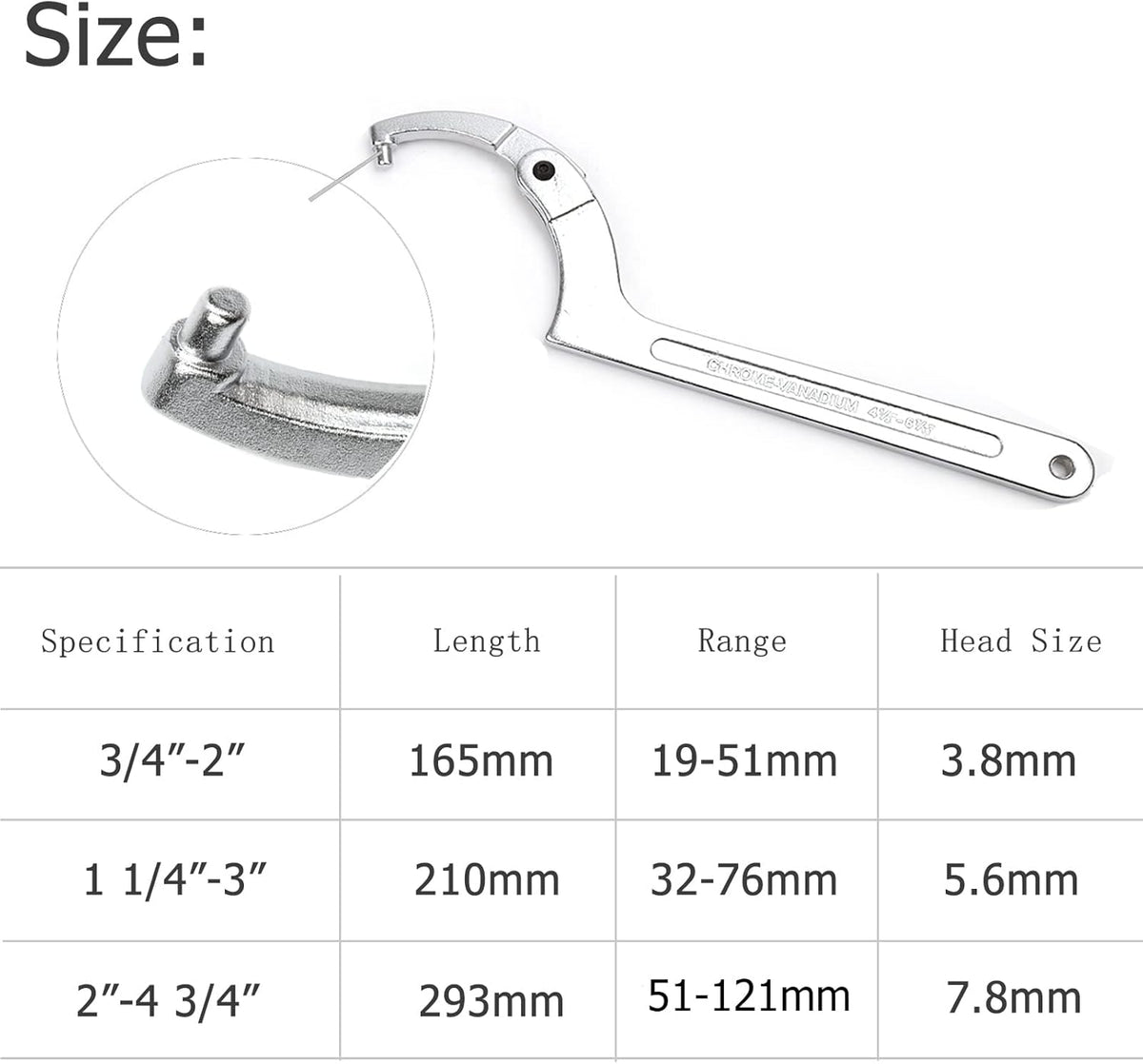 Adjustable C Spanner Hook Wrench Silver 2"-4 3/4" (51-121mm) Pack of 2 O316