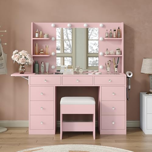 White Vanity Desk with Mirror and 10 LED Lights, 4 Shelves O350