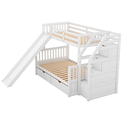 Twin Over Full Solid Wood Bunk Bed with Slide and Stairs E9877