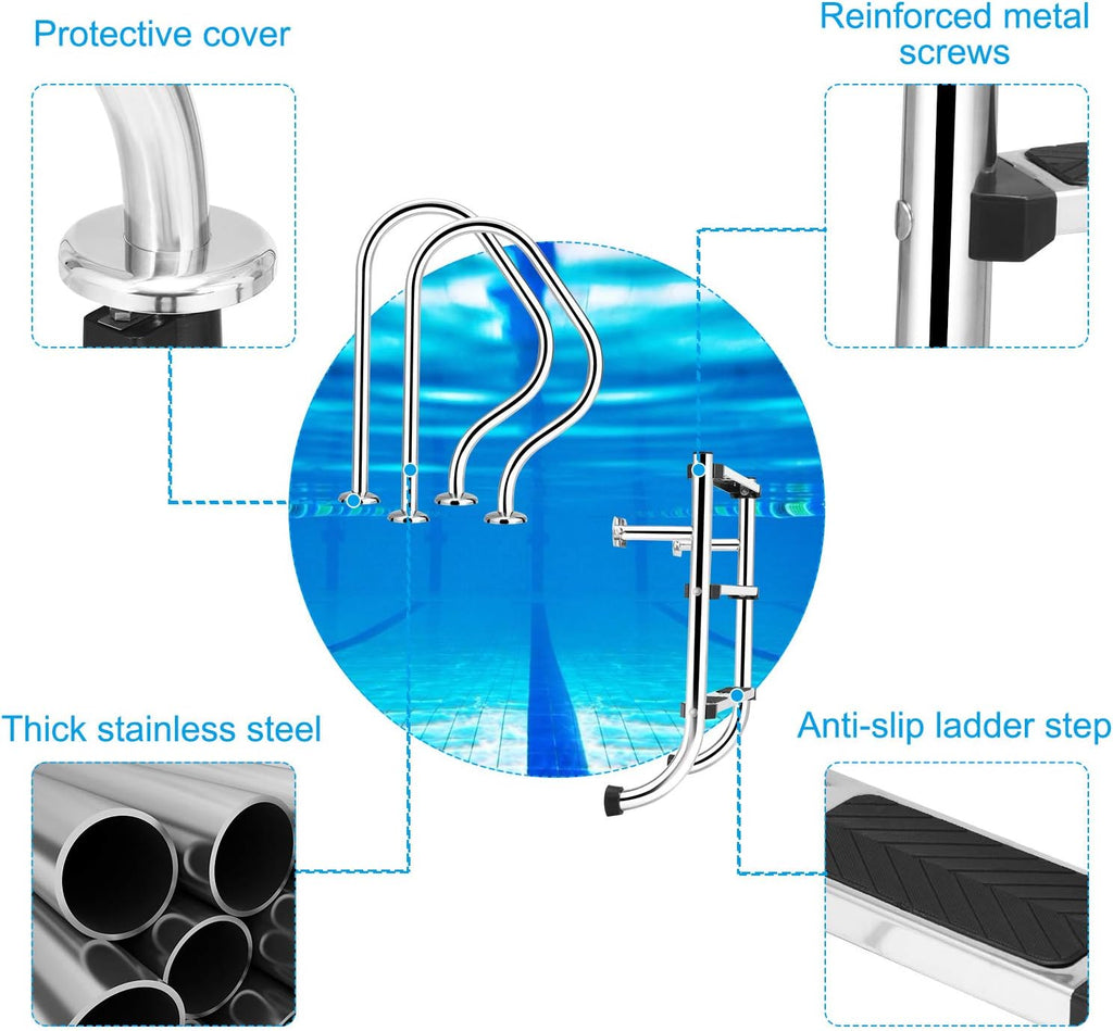 Stainless Steel Inground Pool Ladder with Handrail, 3-Step Non-Slip Footstep K392