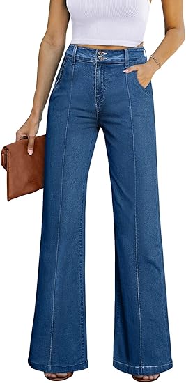 Wide Leg High Waisted Stretch Denim Jeans V96650
