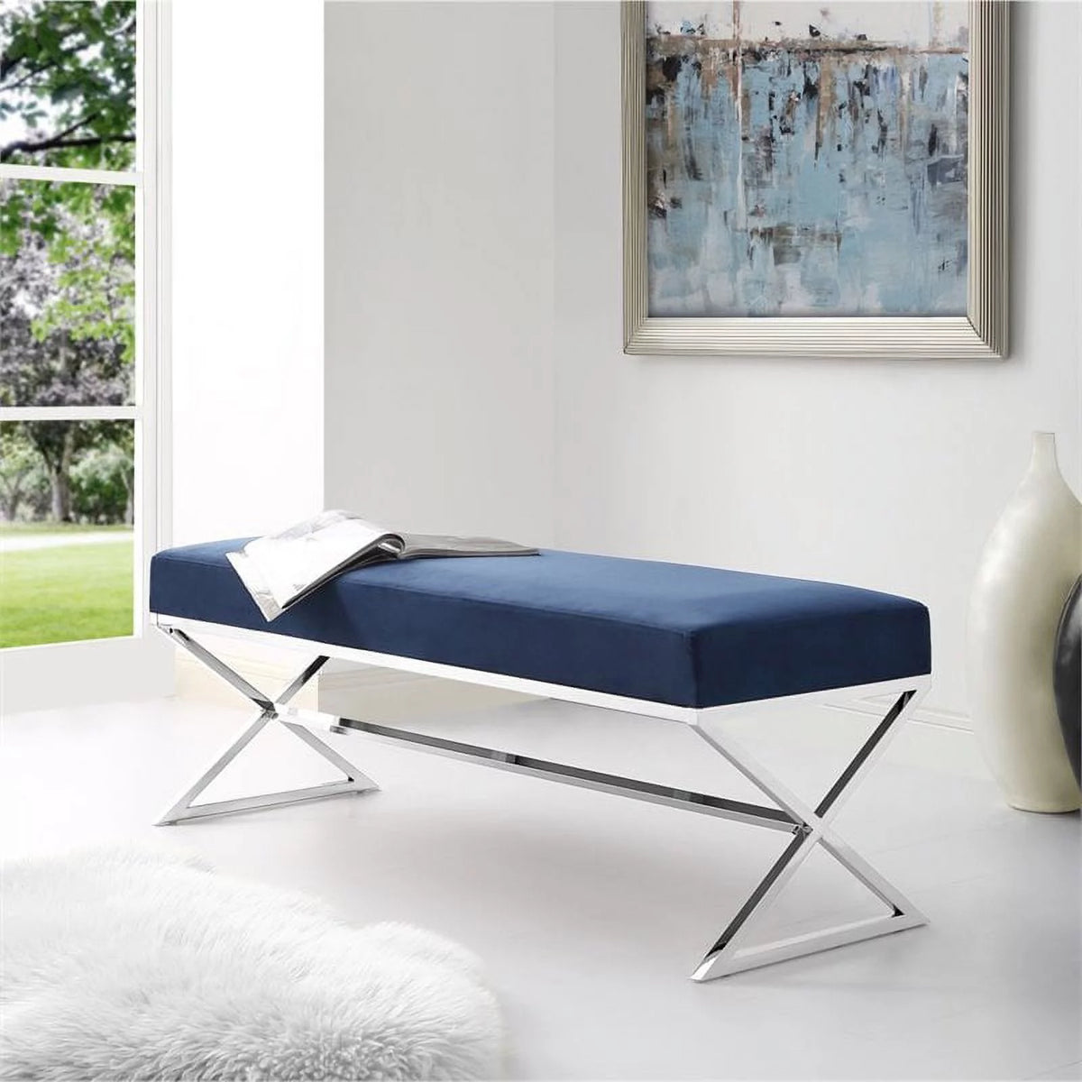 Blue Velvet Upholstered Bench with Stainless Steel Legs J3571