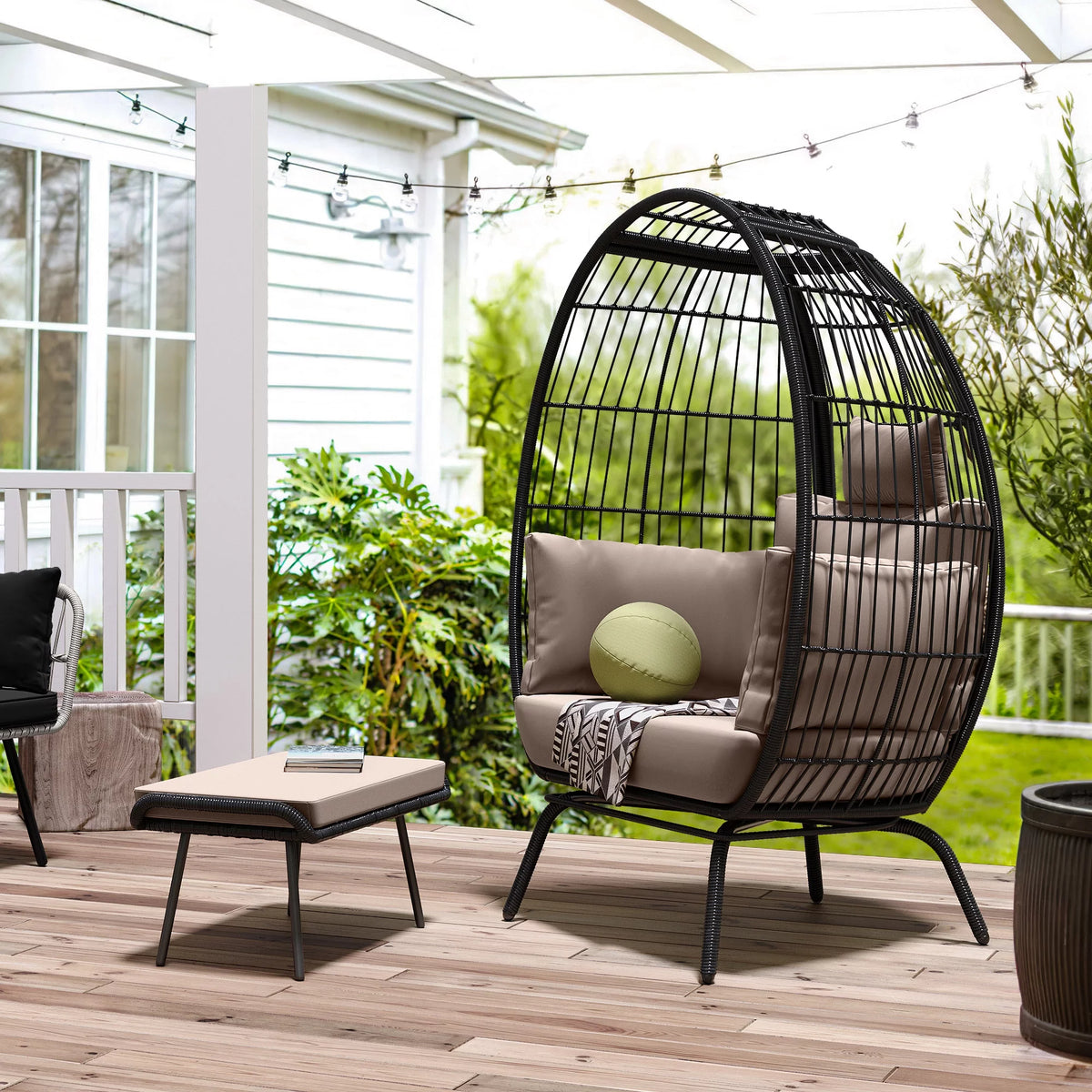 Wicker Egg Chair with Ottoman, Stand, Cushions L5647
