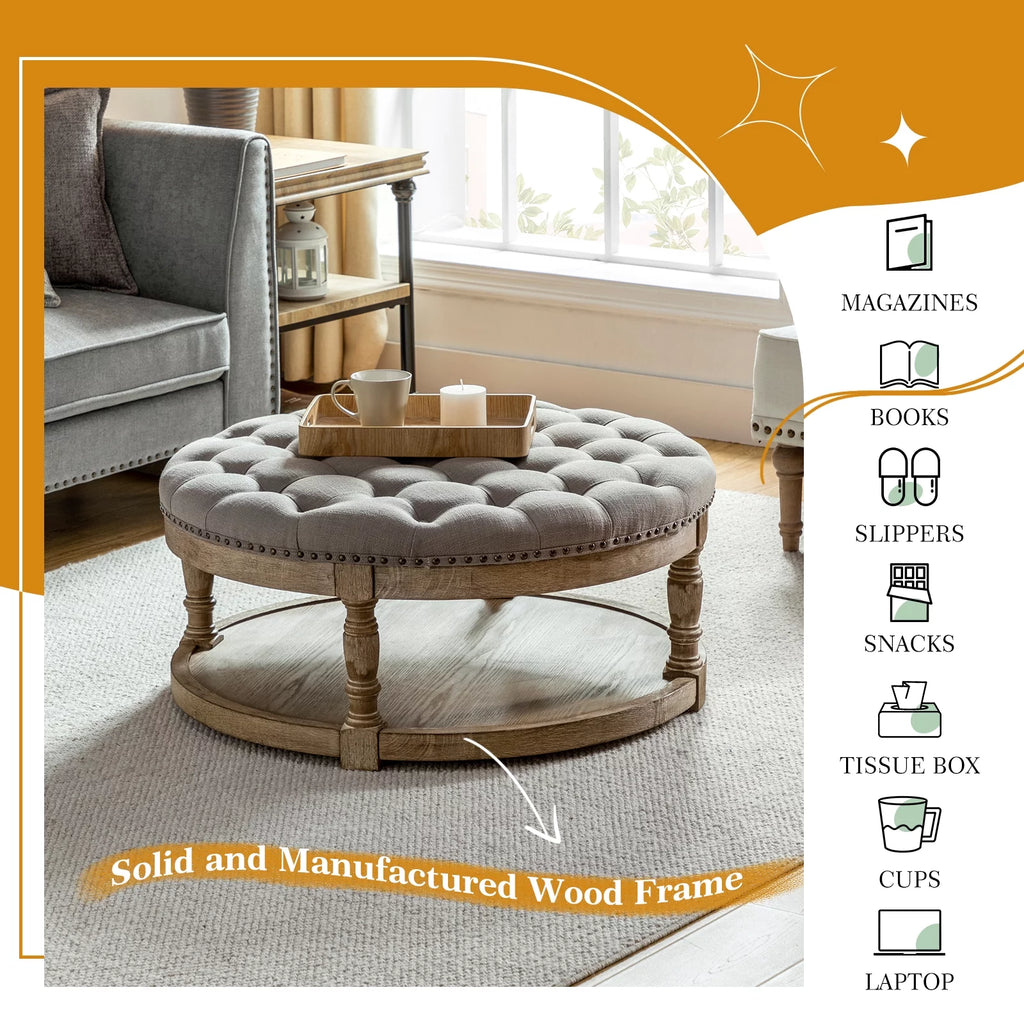 Grey Tufted Round Storage Ottoman S9384