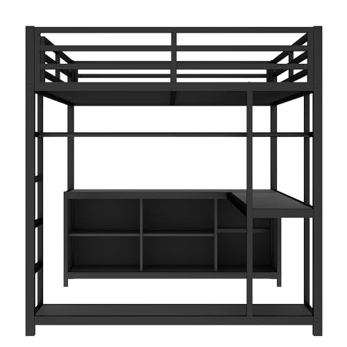 Queen Metal Loft Bed with Wardrobe, Desk and Shelves I9703