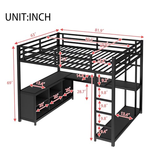 Queen Metal Loft Bed with Wardrobe, Desk and Shelves I9703