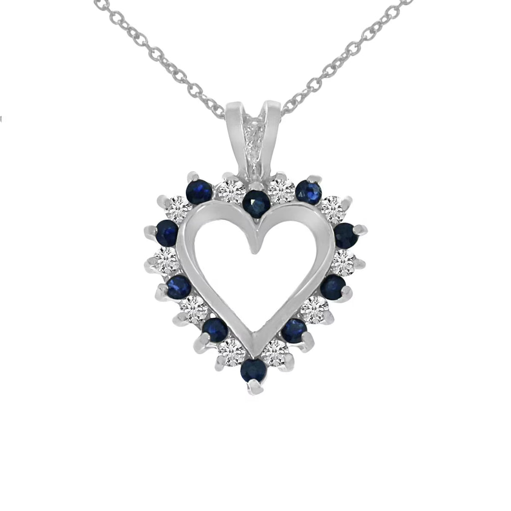 14k White Gold Sapphire and Diamond Heart Shaped Pendant with 18" Chain C6674