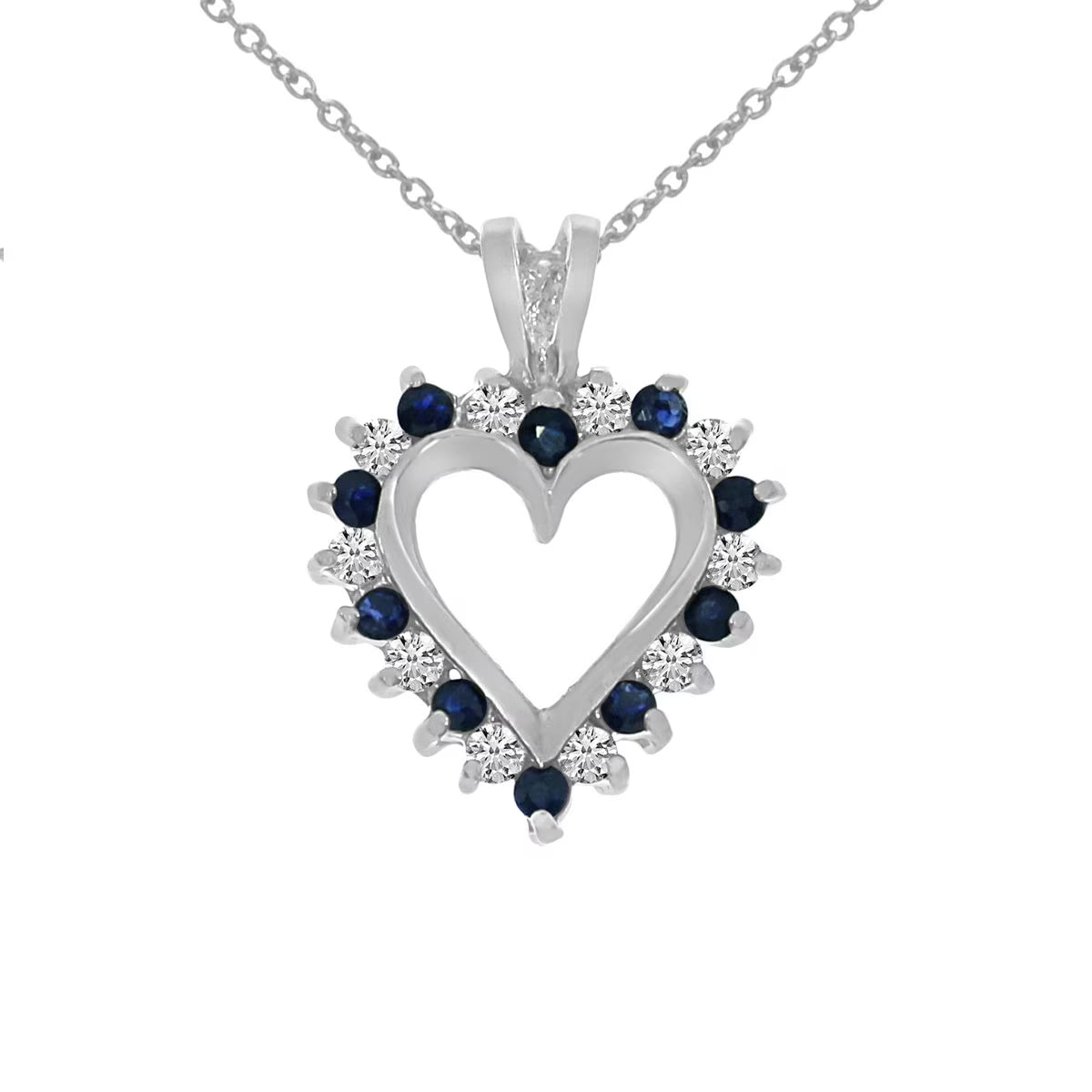 14k White Gold Sapphire and Diamond Heart Shaped Pendant with 18" Chain C6674