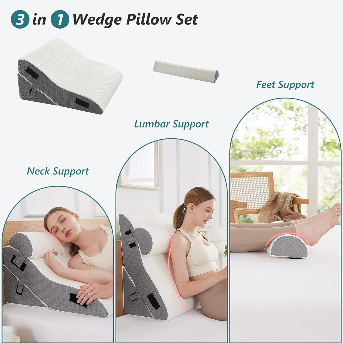 3 PCS 35D Adjustable Triangle Wedge Pillow Set (white grey) J8157