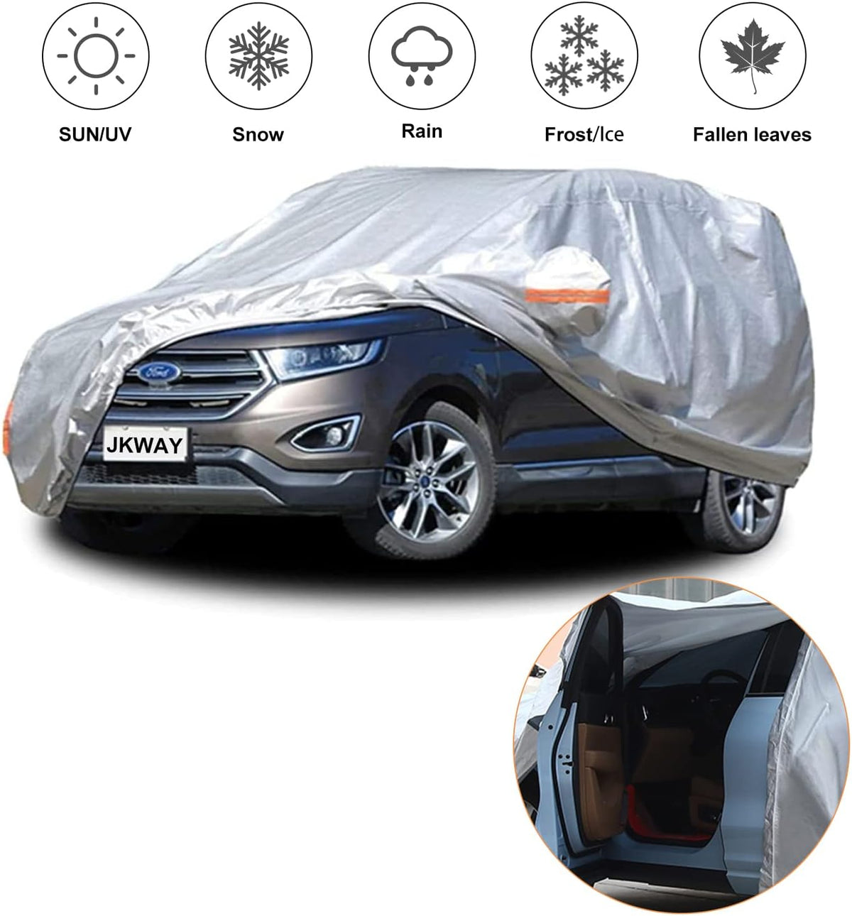 6 Layers Heavy Duty Waterproof Windproof Car Cover with Zipper Door, Universal Fit for SUV (190 in-200 in), Silver Pack of 2 D69355