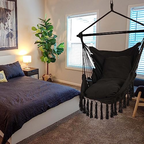 Grey Hanging Rope Swing Hammock Chair with Tassels, 2 Cushions, Heavy-Duty Steel Spreader Bar S960