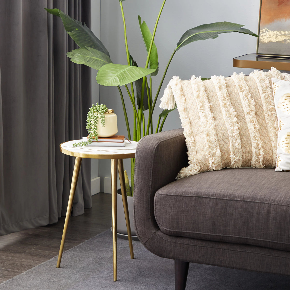 15" x 20" Gold Aluminum Accent Table with Marble Top A3182