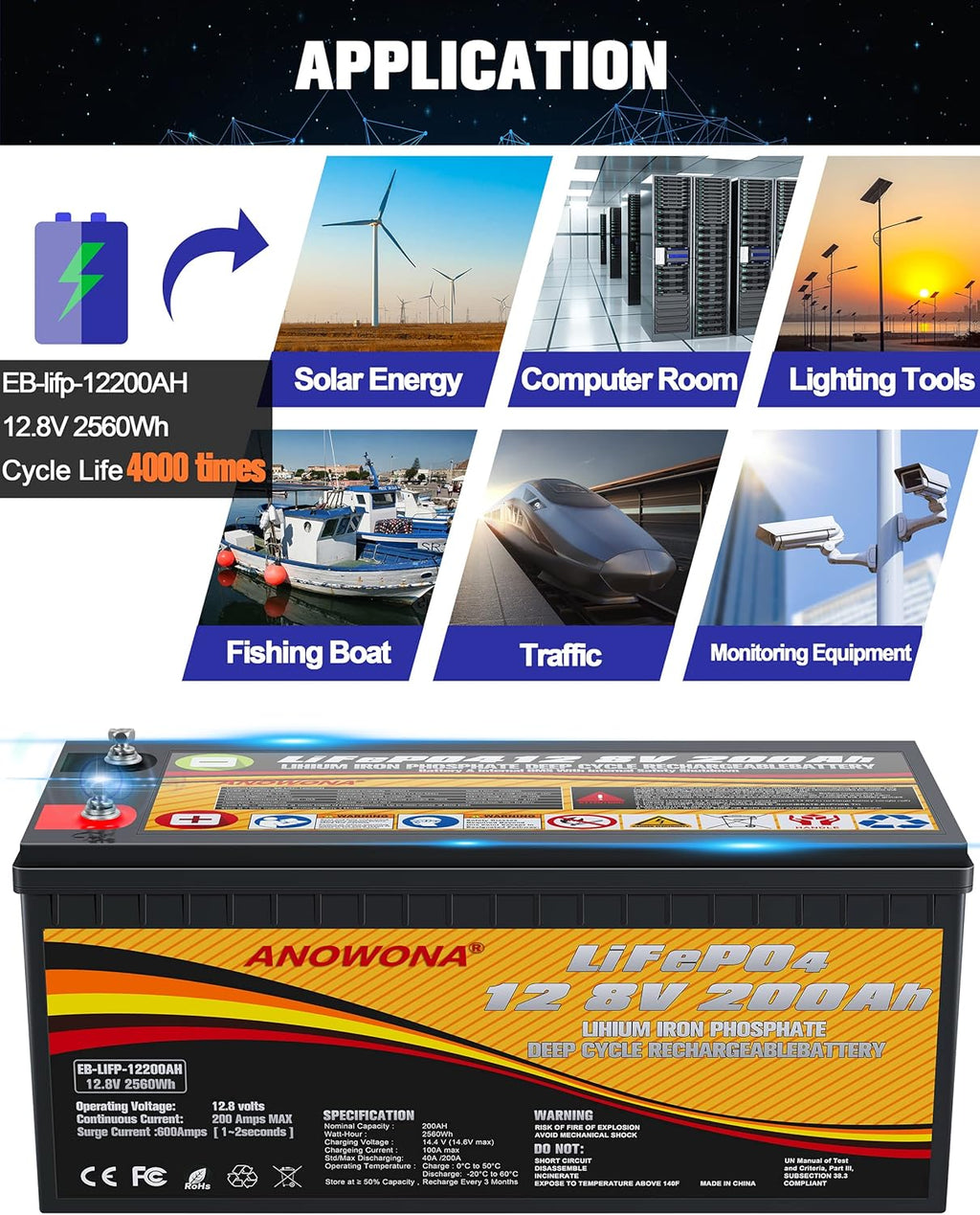 12.8V 200Ah Lithium Iron LiFePO4 Deep Cycle Battery with 200A BMS J945912