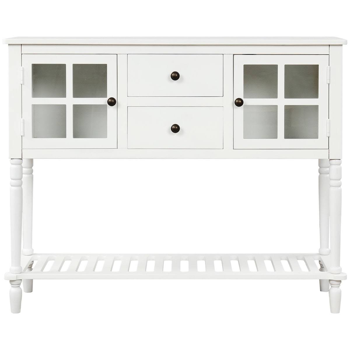 White Farmhouse Console Table with Glass Storage Cabinet A772978