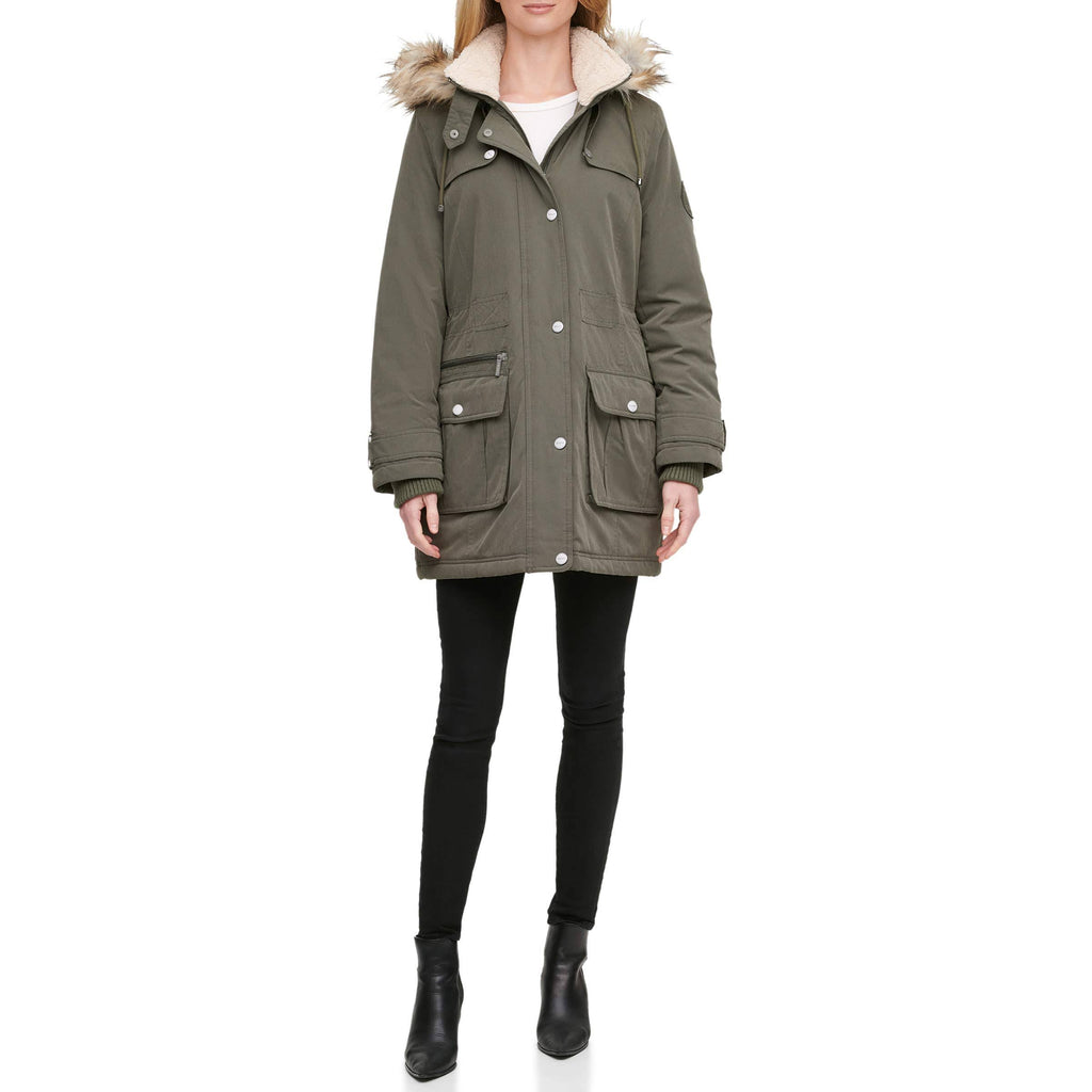 Olive Faux-Fur Trim Hooded Water-Resistant Anorak Coat O23774