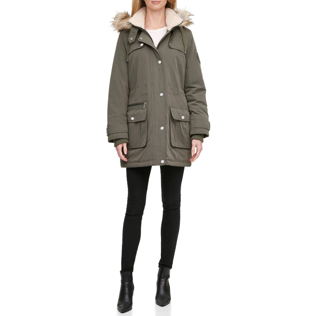 Olive Faux-Fur Trim Hooded Water-Resistant Anorak Coat O23774