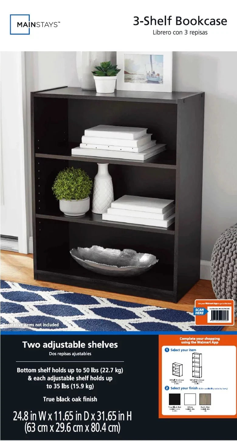 White 3-Shelf Bookcase with Adjustable Shelves C582