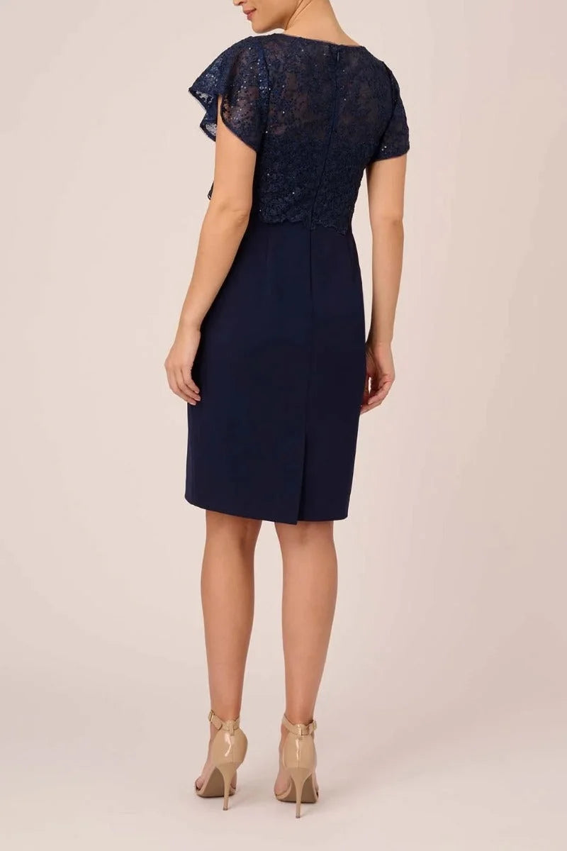 Navy Cap Sleeve Lace Crepe Dress W5284