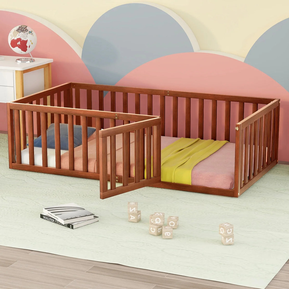 Twin Solid Wood Floor Bed Frame with Door & Safety Guardrails R13560