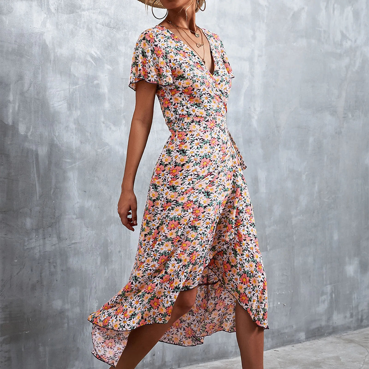 V Neck Short Sleeve Split Wrap Long Dress V3992