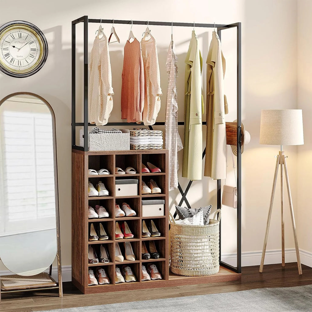 71" Brown Wood Coat Rack with 18 Shoe Cabinets M142