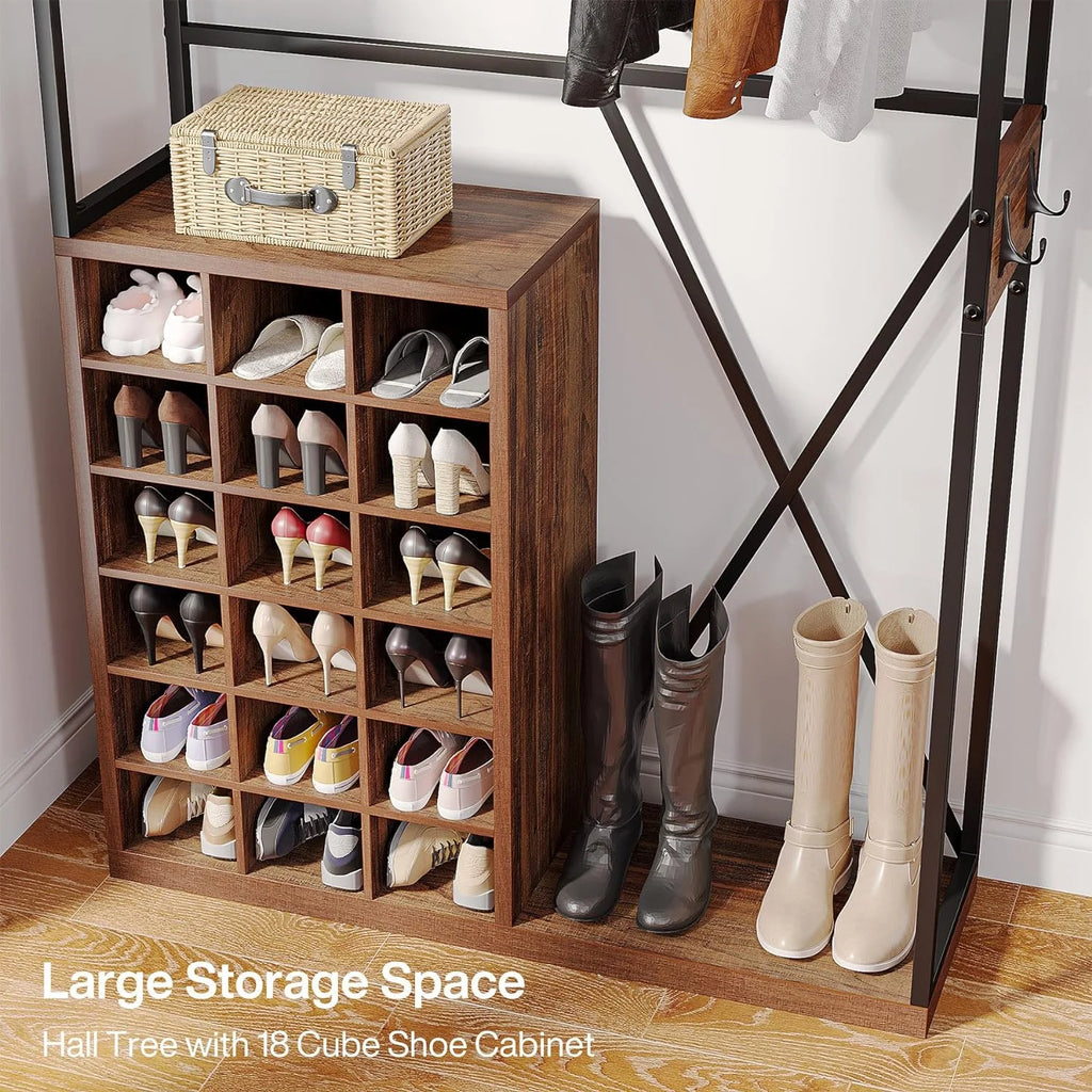 71" Brown Wood Coat Rack with 18 Shoe Cabinets M142