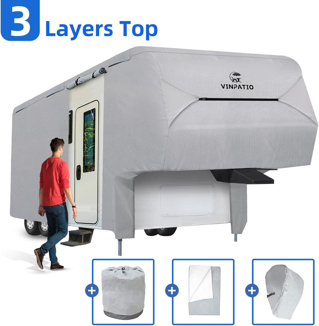 5th Wheel Cover Thick 3 Layers Polypro Anti-UV Waterproof Breathable Camper Covers Fits 37' - 40' Trailer, Gray F86453