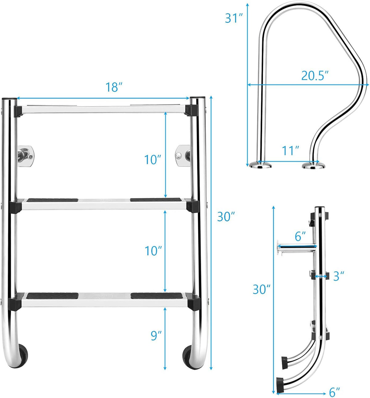 Stainless Steel Inground Pool Ladder with Handrail, 3-Step Non-Slip Footstep K392