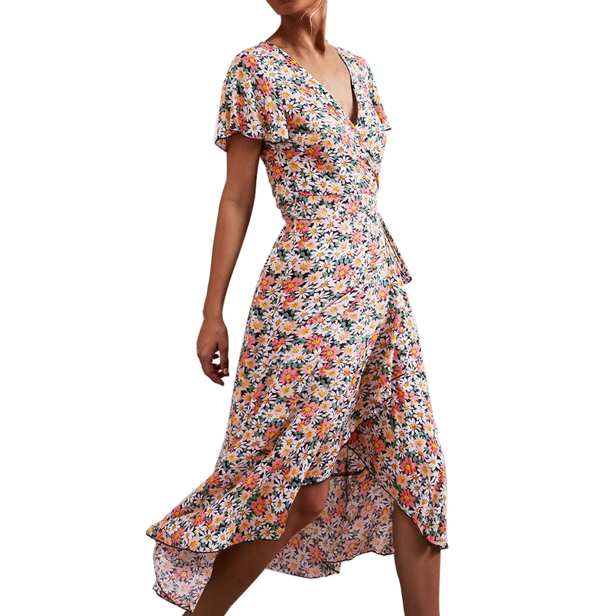 V Neck Short Sleeve Split Wrap Long Dress V3992